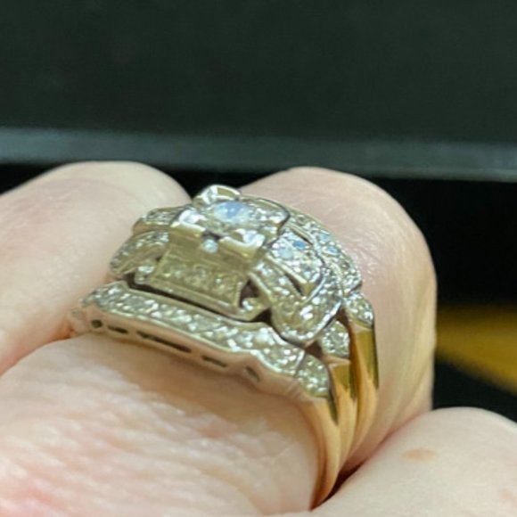 14k two tone gold three band art deco diamond wedding set sz 9.5 - Picture 3 of 5